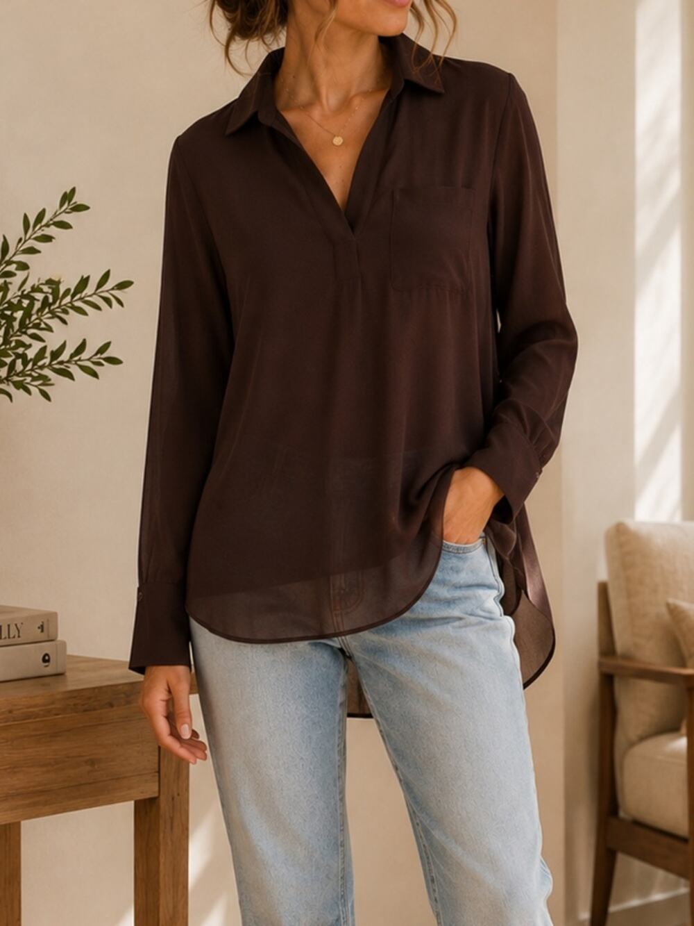 Chocolate Brown Pleated Back High Low Tunic Blouse Pleione XS Oversized